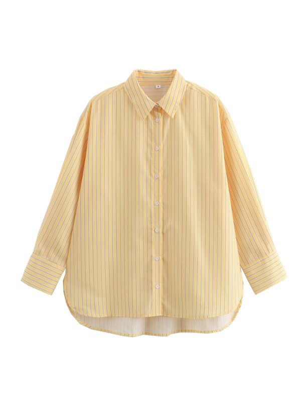 Shirts- Oversized Yellow Blouse Women Striped Shirt with Long Sleeves- - IndioGear.com