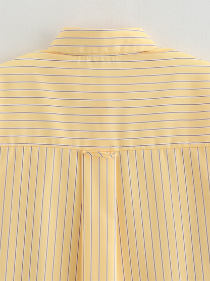 Shirts- Oversized Yellow Blouse Women Striped Shirt with Long Sleeves- - IndioGear.com