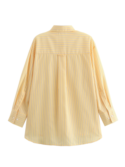 Shirts- Oversized Yellow Blouse Women Striped Shirt with Long Sleeves- - IndioGear.com