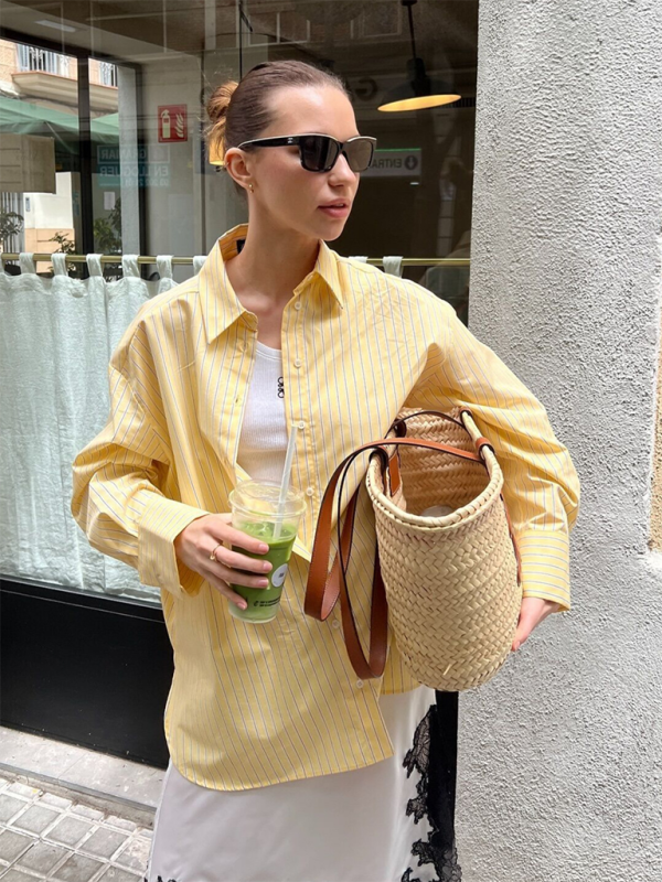 Shirts- Oversized Yellow Blouse Women Striped Shirt with Long Sleeves- Yellow- IndioGear.com