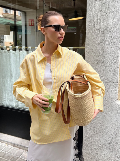 Shirts- Oversized Yellow Blouse Women Striped Shirt with Long Sleeves- Yellow- IndioGear.com