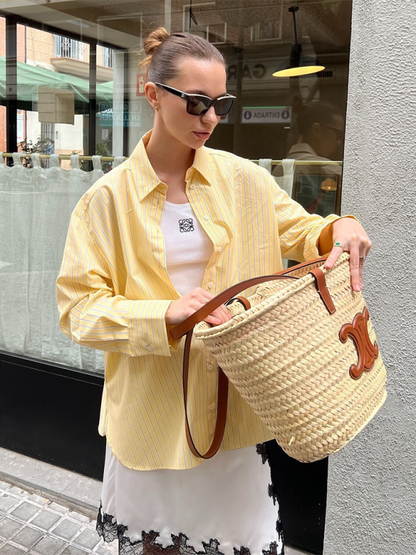 Shirts- Oversized Yellow Blouse Women Striped Shirt with Long Sleeves- - IndioGear.com