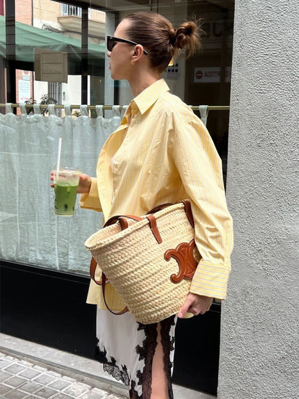 Shirts- Oversized Yellow Blouse Women Striped Shirt with Long Sleeves- - IndioGear.com