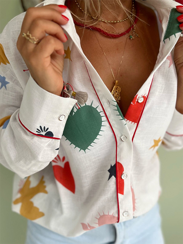 Shirts- Playful Patterned Collared Shirt - Blouse for Art Events- White- IndioGear.com