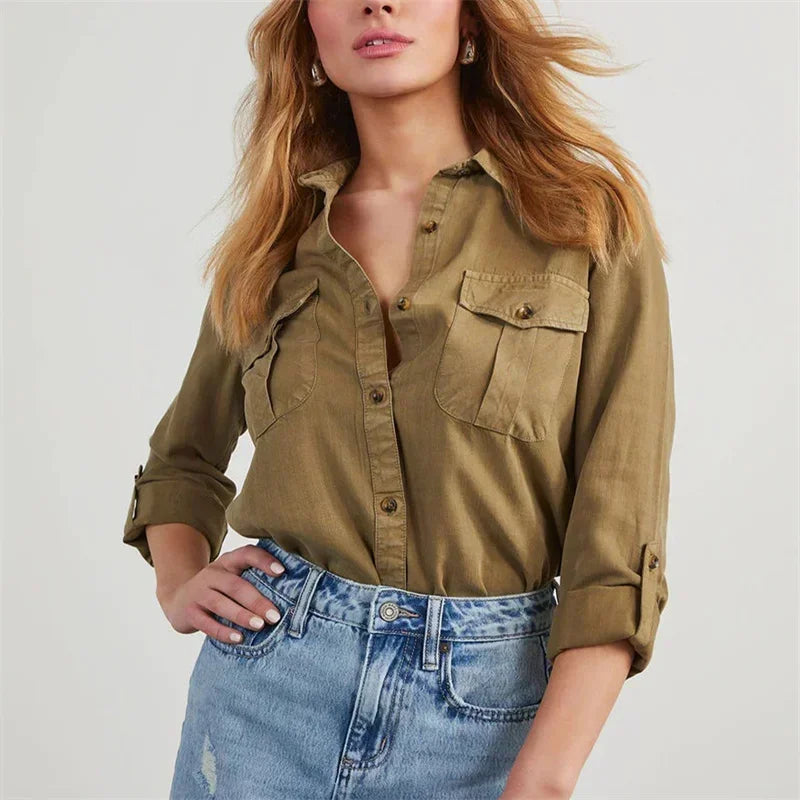 Shirts- Slim Fit Classic Denim Women Shirt- Deep Brown- IndioGear.com