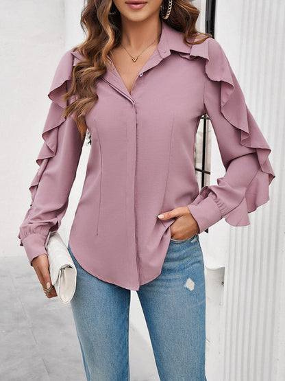 Shirts- Solid Concealed Placket Blouse with Ruffle Sleeves- - IndioGear Fashion and Gear