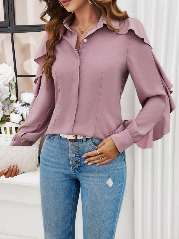 Shirts- Solid Concealed Placket Blouse with Ruffle Sleeves- - IndioGear Fashion and Gear