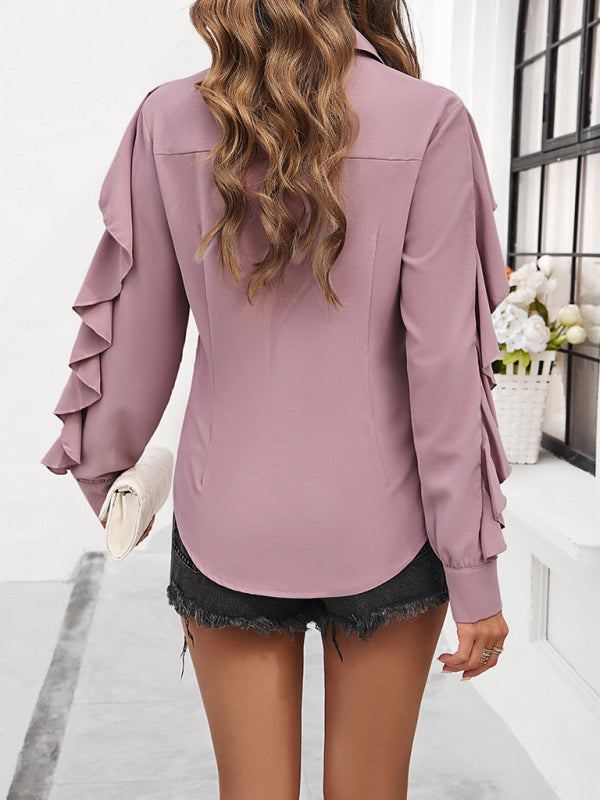 Shirts- Solid Concealed Placket Blouse with Ruffle Sleeves- - IndioGear Fashion and Gear