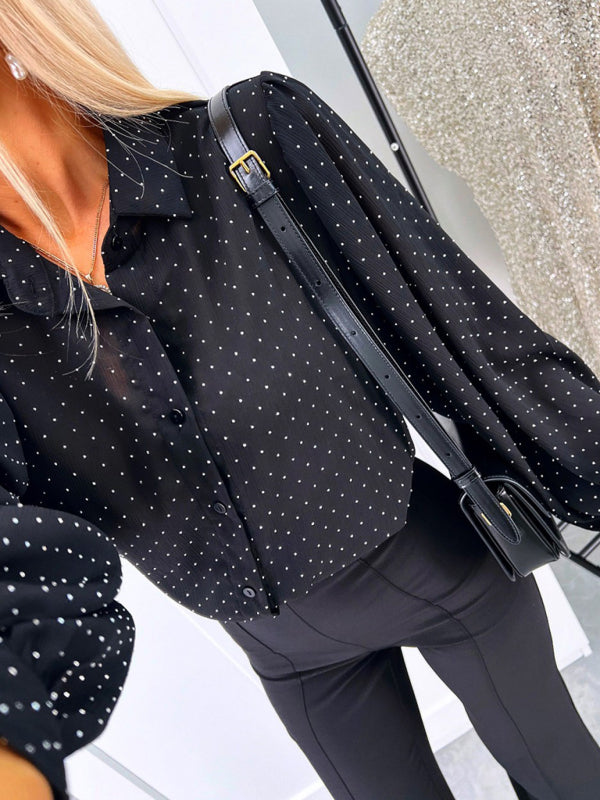 Shirts- Tailored Polka Dot Office Shirt- Black- IndioGear Women Clothing