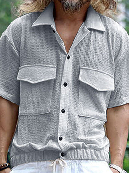 Modern Casual Short-Sleeve Textured Button-Up Flap Shirt for Men