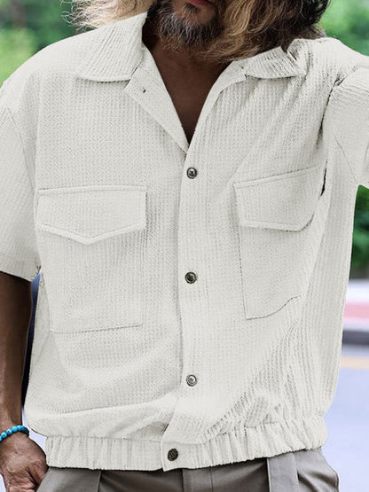 Modern Casual Short-Sleeve Textured Button-Up Flap Shirt for Men