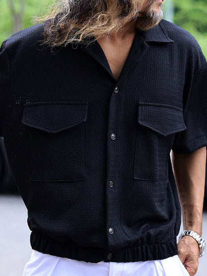 Modern Casual Short-Sleeve Textured Button-Up Flap Shirt for Men