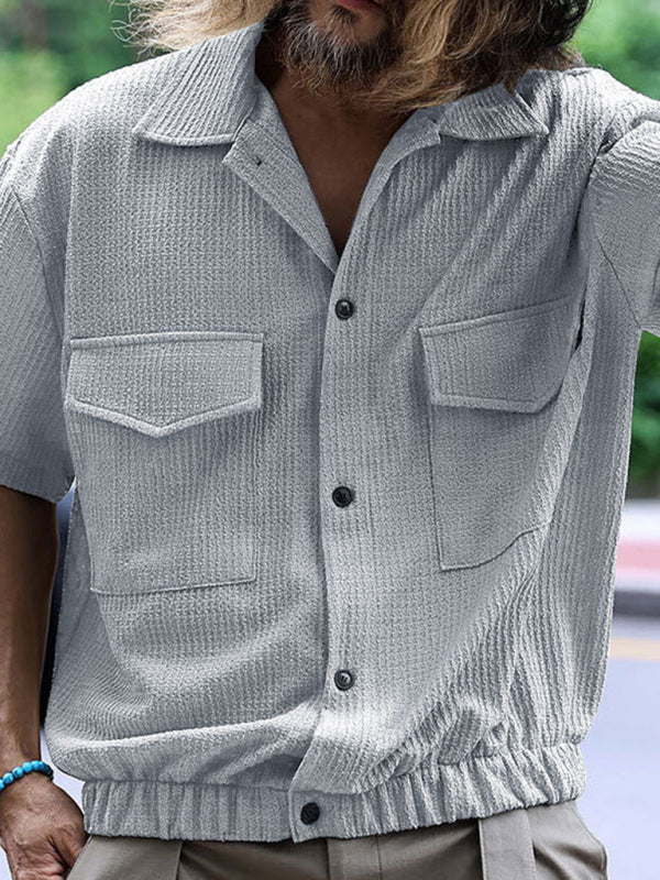 Modern Casual Short-Sleeve Textured Button-Up Flap Shirt for Men