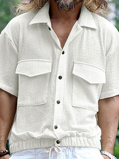 Modern Casual Short-Sleeve Textured Button-Up Flap Shirt for Men