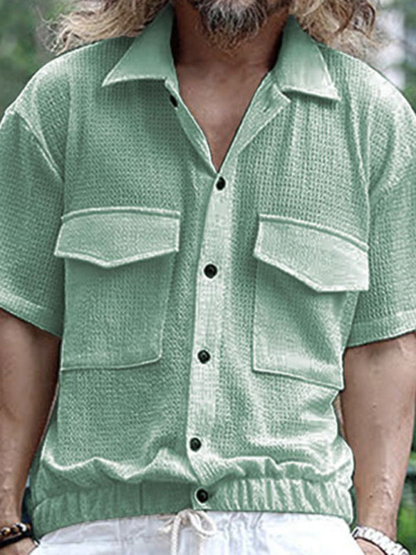 Modern Casual Short-Sleeve Textured Button-Up Flap Shirt for Men