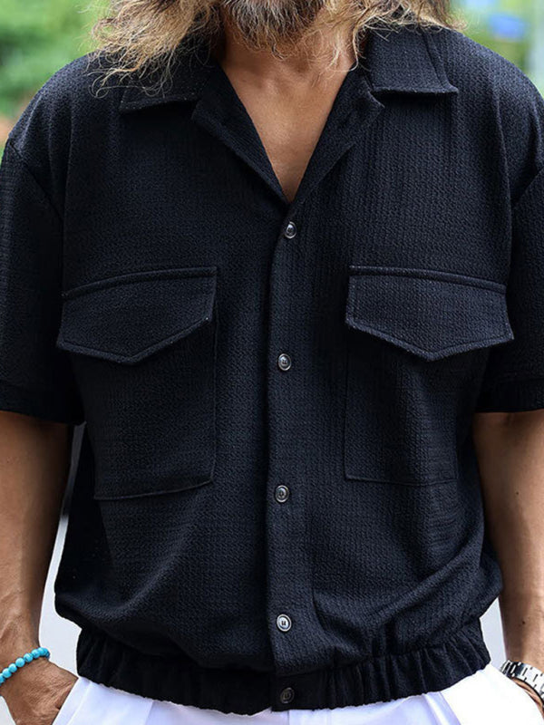 Modern Casual Short-Sleeve Textured Button-Up Flap Shirt for Men