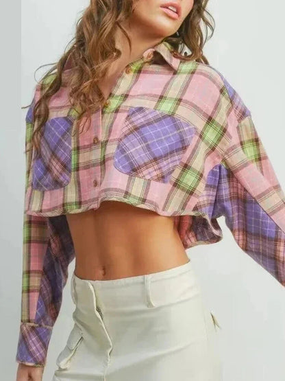 Shirts- Trendy Two-Tone Plaid Crop Shirt for Spring/Autumn- - IndioGear.com