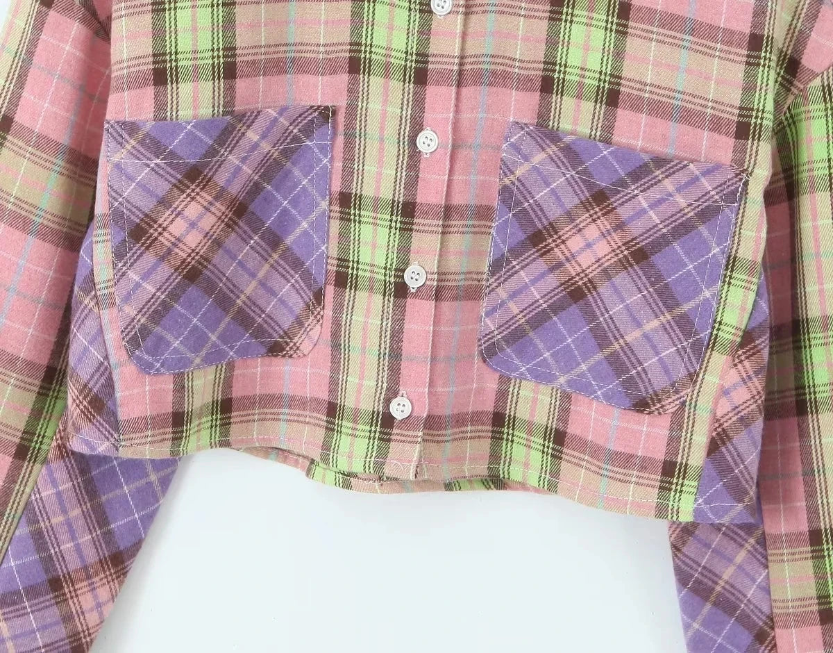 Shirts- Trendy Two-Tone Plaid Crop Shirt for Spring/Autumn- - IndioGear.com