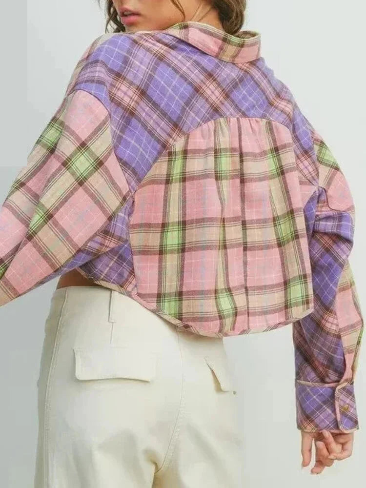 Shirts- Trendy Two-Tone Plaid Crop Shirt for Spring/Autumn- - IndioGear.com