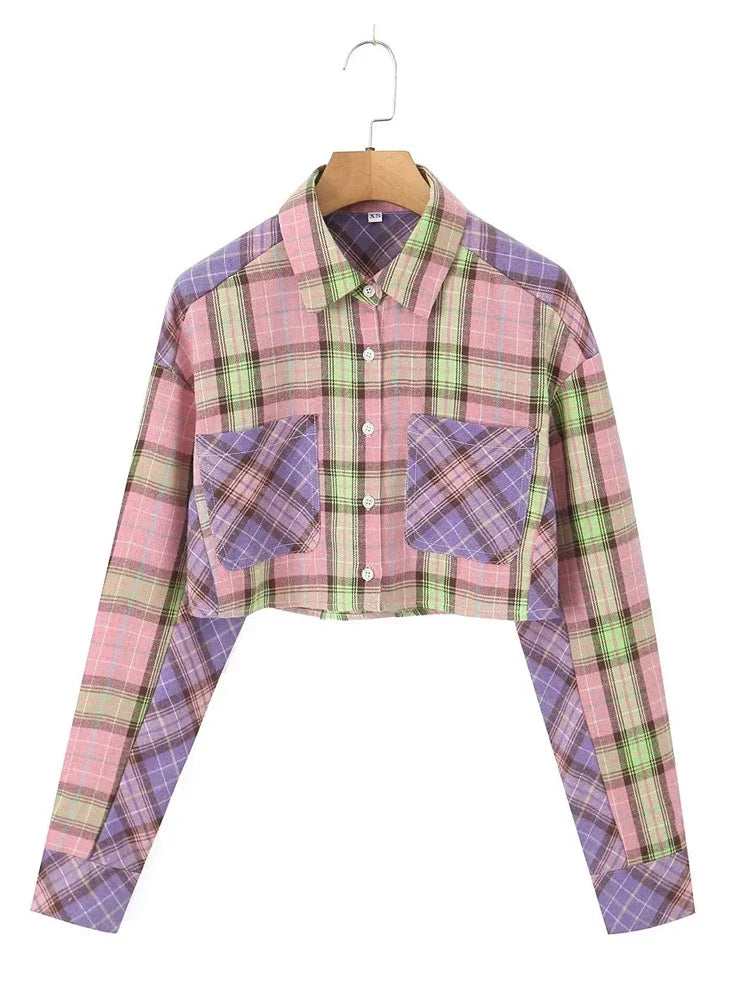 Shirts- Trendy Two-Tone Plaid Crop Shirt for Spring/Autumn- Pink- IndioGear.com