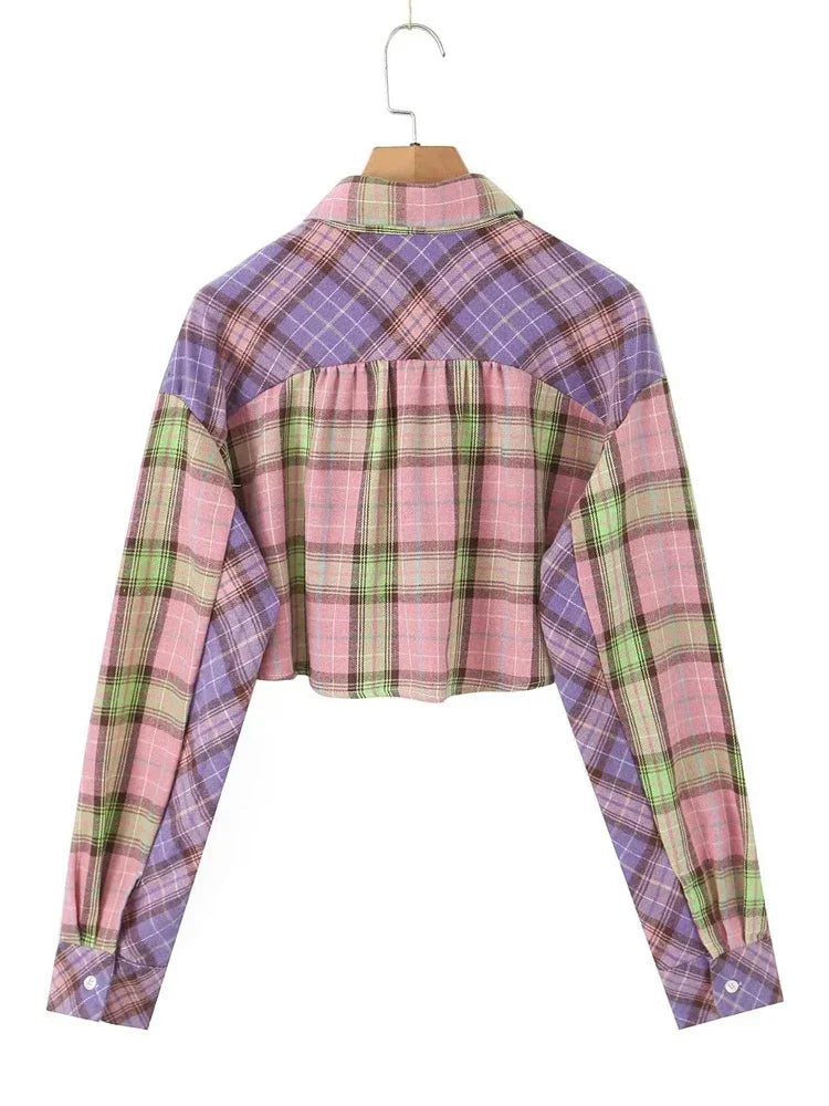 Shirts- Trendy Two-Tone Plaid Crop Shirt for Spring/Autumn- - IndioGear.com