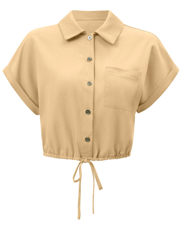 Shirts- Women Button-Up Crop Top - Solid Short Sleeve Shirt- - IndioGear.com