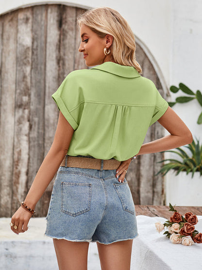 Shirts- Women Button-Up Crop Top - Solid Short Sleeve Shirt- - IndioGear.com