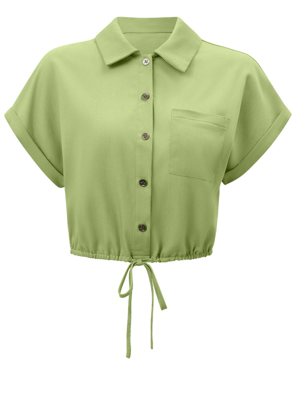 Shirts- Women Button-Up Crop Top - Solid Short Sleeve Shirt- - IndioGear.com