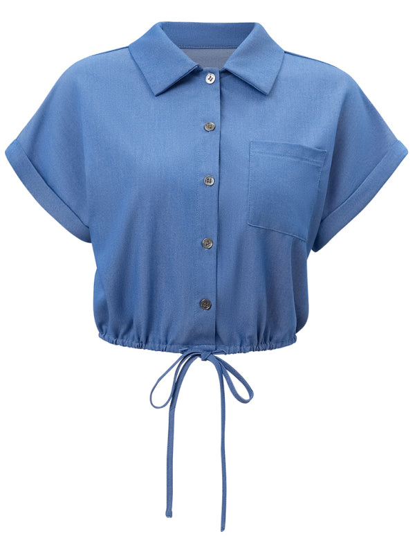 Shirts- Women Button-Up Crop Top - Solid Short Sleeve Shirt- - IndioGear.com