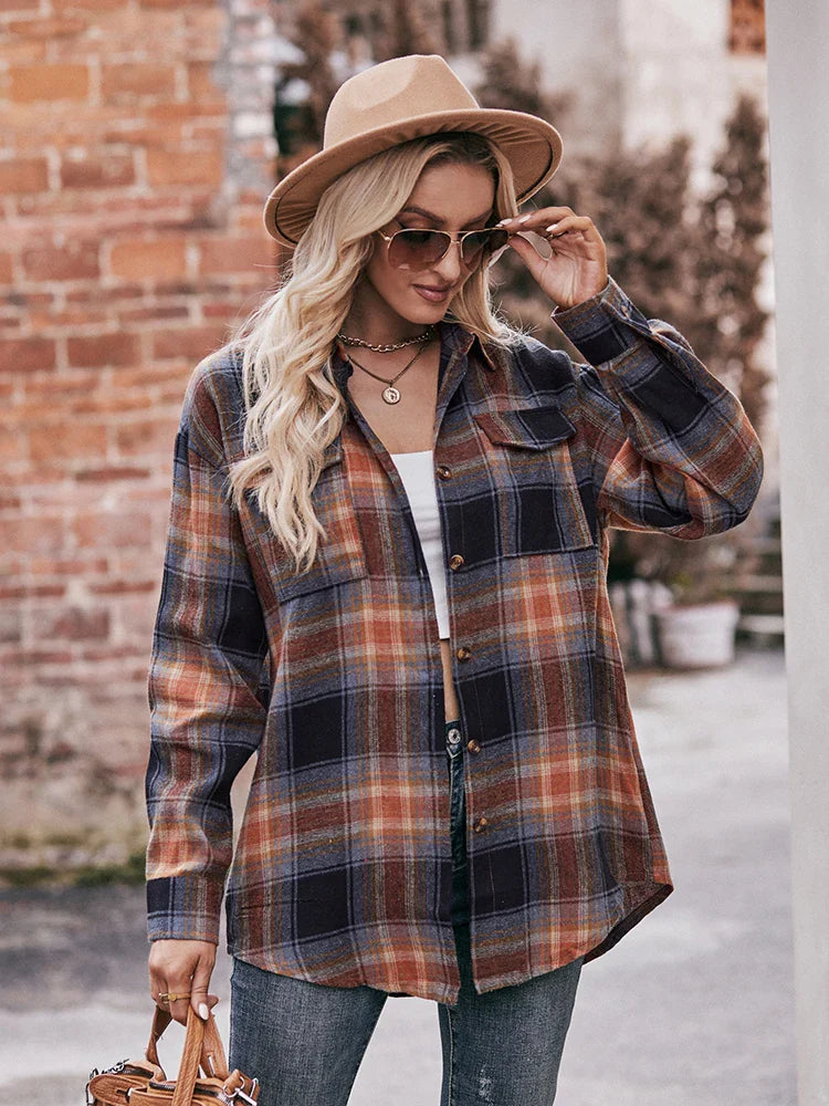 Shirts- Women Classic Plaid Shirt for Casual Fridays- Khaki Black- Chuzko Women Clothing