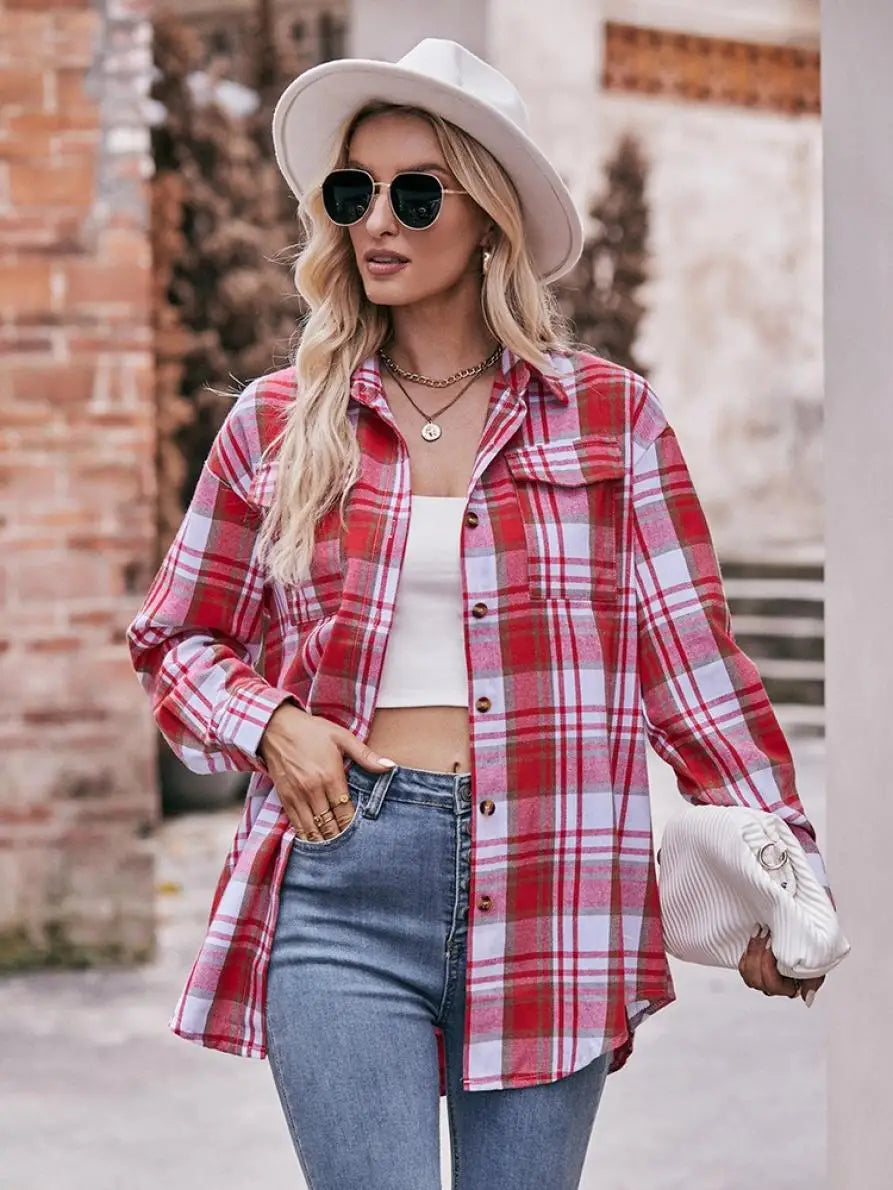 Shirts- Women Classic Plaid Shirt for Casual Fridays- - Chuzko Women Clothing