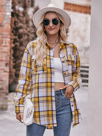 Shirts- Women Classic Plaid Shirt for Casual Fridays- Yellow- Chuzko Women Clothing