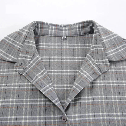 Shirts- Women Gray Plaid Shirt for Casual- - Chuzko Women Clothing