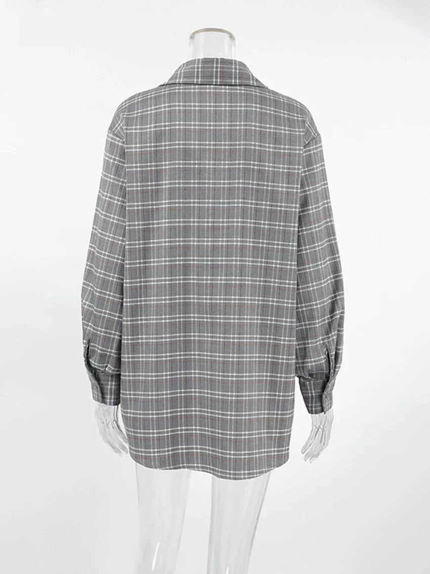 Shirts- Women Gray Plaid Shirt for Casual- - Chuzko Women Clothing