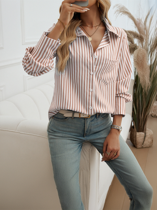 Shirts- Women Striped Button-Down Shirt- - IndioGear.com