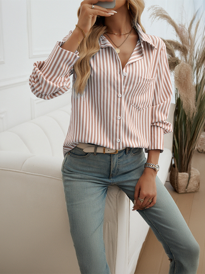 Shirts- Women Striped Button-Down Shirt- - IndioGear.com