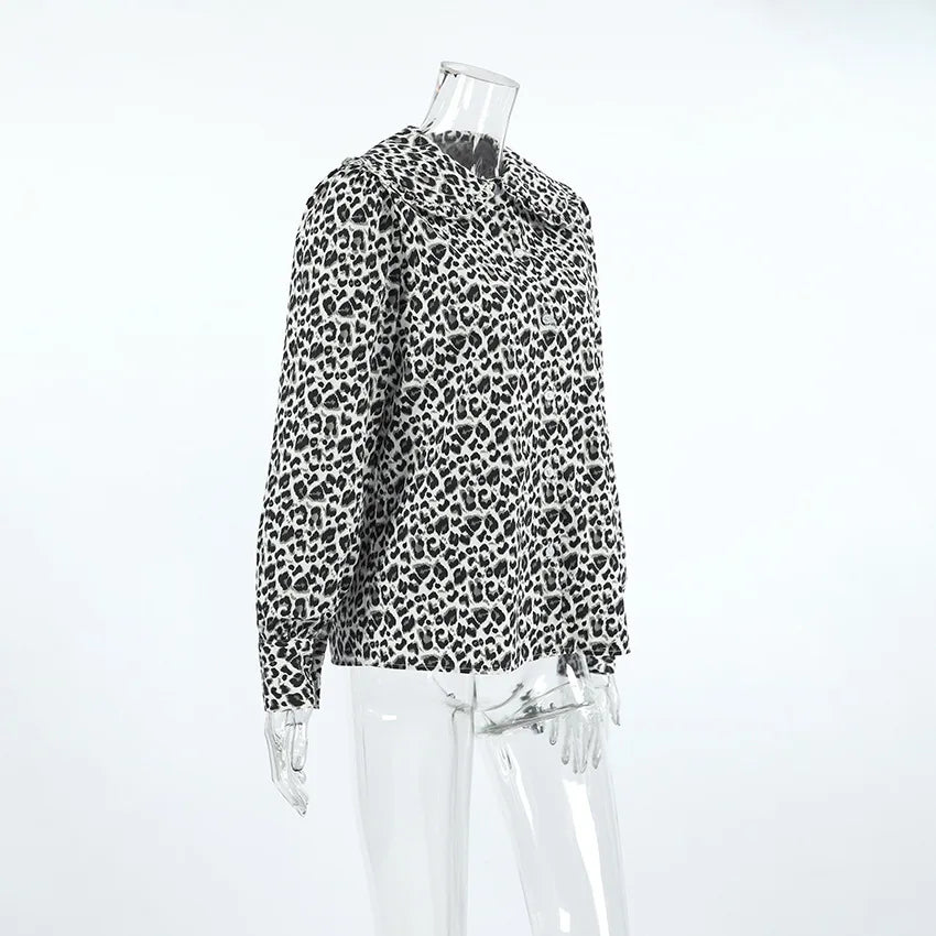 Shirts- Women's Leopard Print Peter Pan Blouse Shirt with Lantern Sleeves- - IndioGear.com