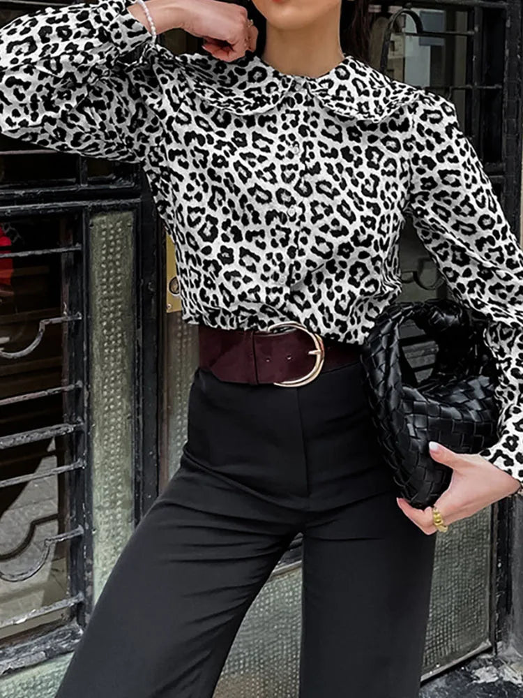 Shirts- Women's Leopard Print Peter Pan Blouse Shirt with Lantern Sleeves- - IndioGear.com