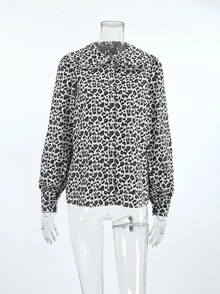 Shirts- Women's Leopard Print Peter Pan Blouse Shirt with Lantern Sleeves- - IndioGear.com