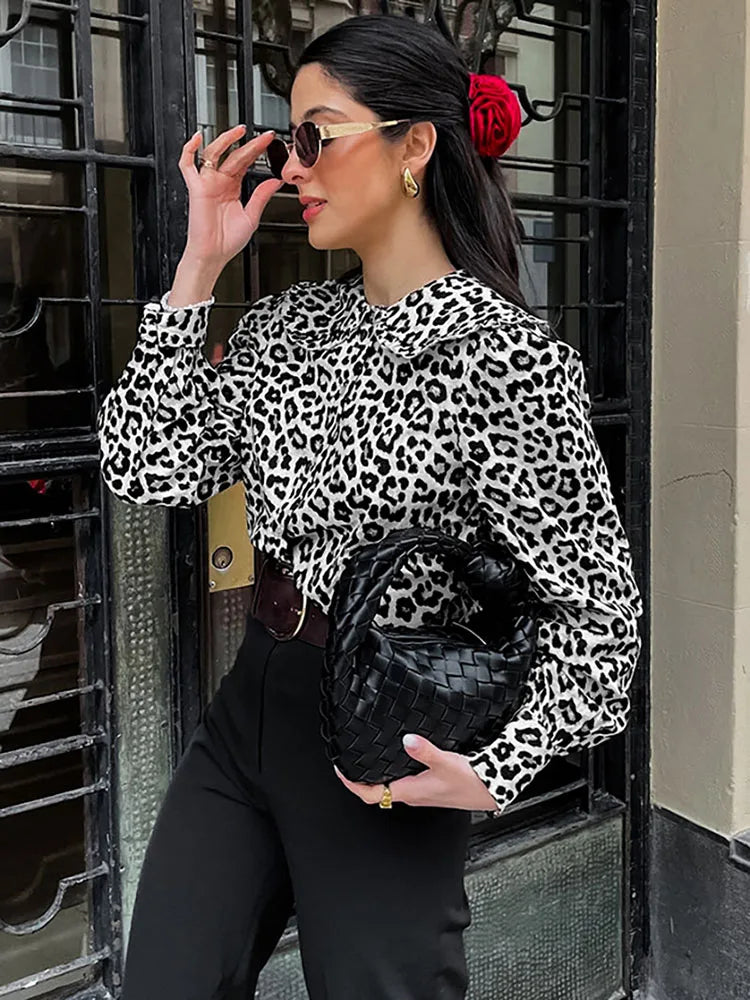 Shirts- Women's Leopard Print Peter Pan Blouse Shirt with Lantern Sleeves- Black- IndioGear.com