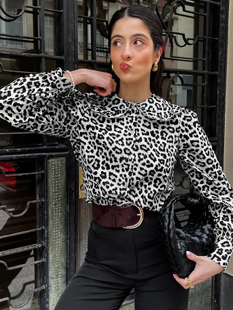 Shirts- Women's Leopard Print Peter Pan Blouse Shirt with Lantern Sleeves- - IndioGear.com