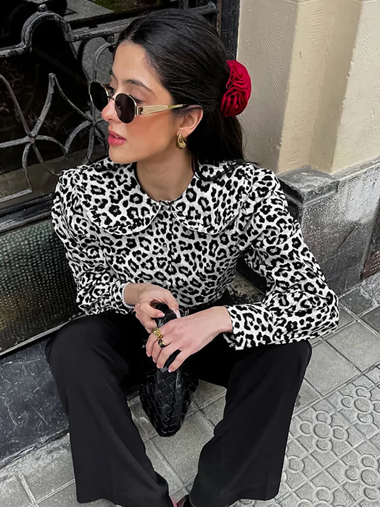 Shirts- Women's Leopard Print Peter Pan Blouse Shirt with Lantern Sleeves- - IndioGear.com