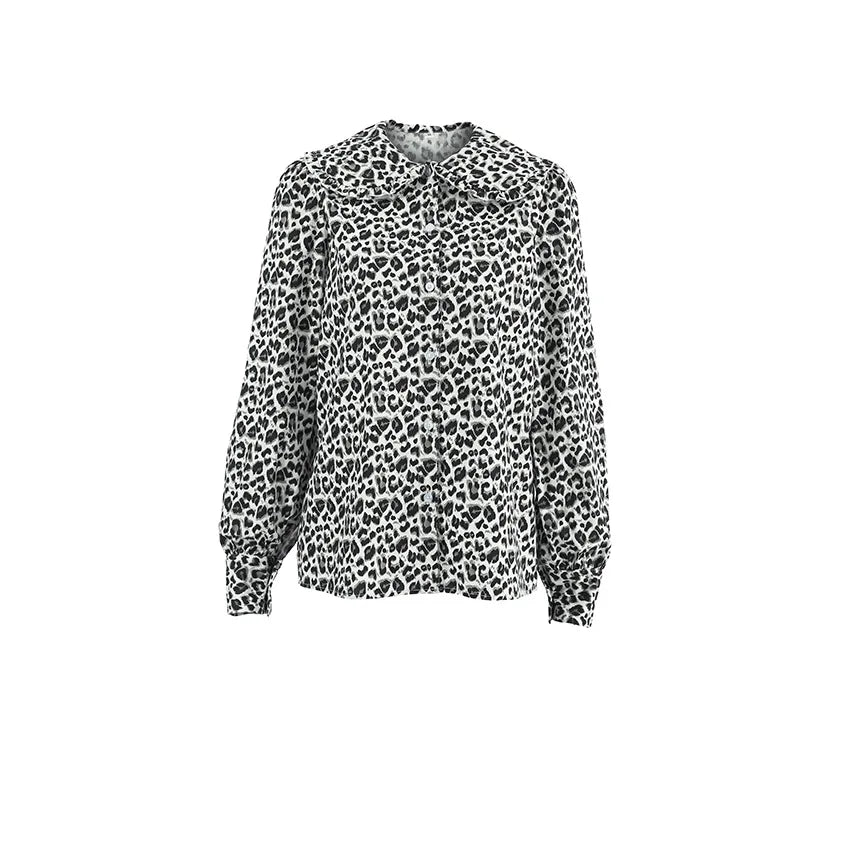 Shirts- Women's Leopard Print Peter Pan Blouse Shirt with Lantern Sleeves- - IndioGear.com