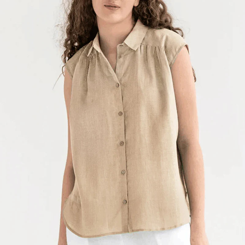 Shirts- Women's Textured Button-Up Shirt with Cap Sleeves for Women- Khaki- IndioGear.com