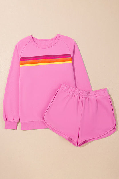 Short Sets- Striped Cotton Lounge Set Pullover & Shorts- - IndioGear Women Clothing