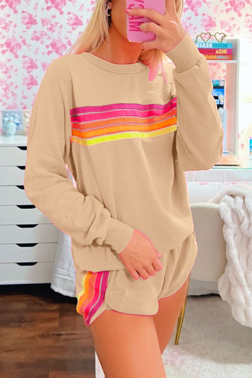 Short Sets- Striped Cotton Lounge Set Pullover & Shorts- - IndioGear Women Clothing