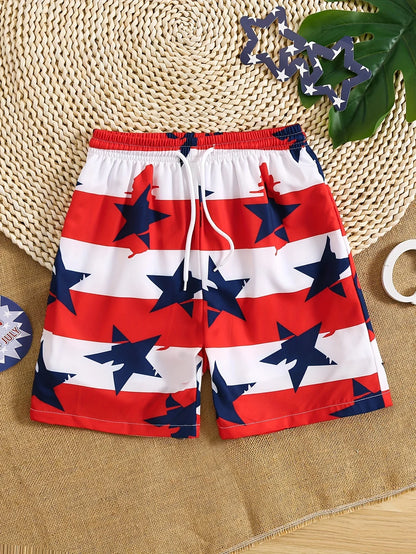 Shorts- Boys' American Flag Swim Shorts for Patriotic Celebrations- Red Blue- IndioGear Fashion and Gear