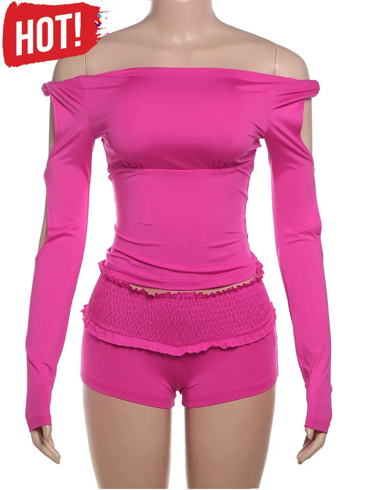 Shorts Outfit Set- Vibrant Pink Two-Piece Outfit Set Slit Sleeves - Ideal for Clubbing and Casual Wear