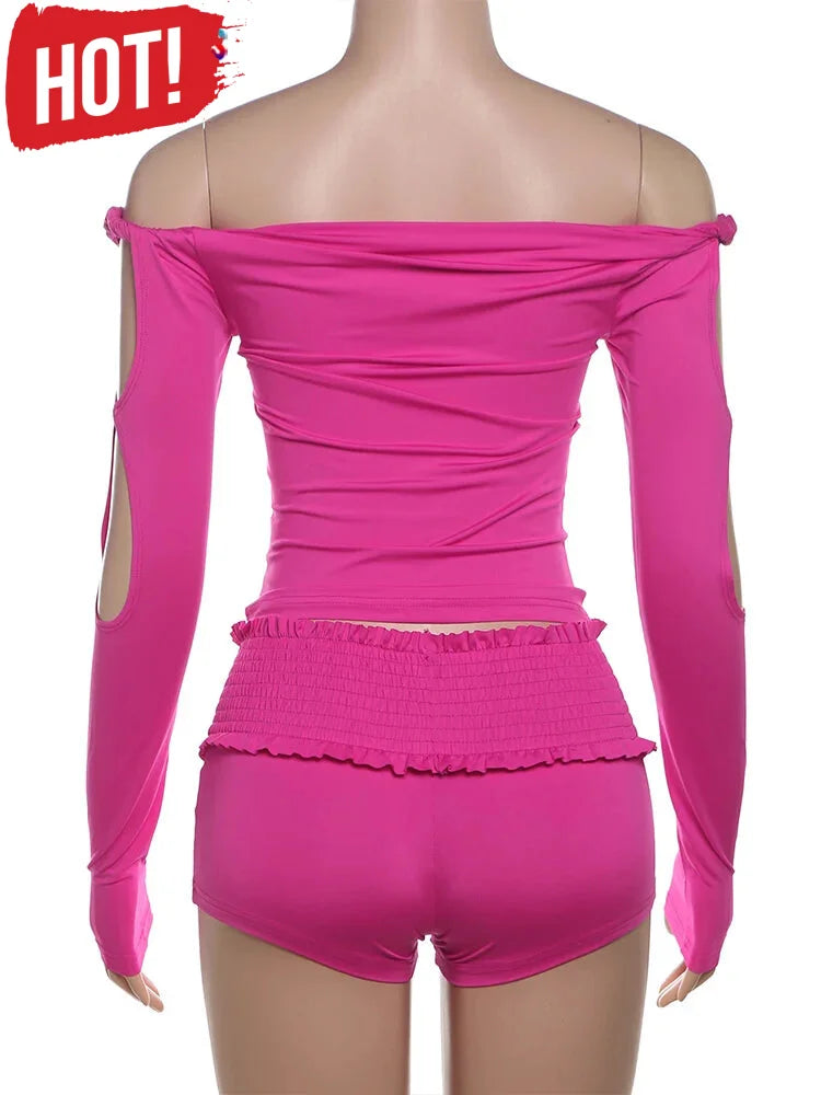 Shorts Outfit Set- Vibrant Pink Two-Piece Outfit Set Slit Sleeves - Ideal for Clubbing and Casual Wear