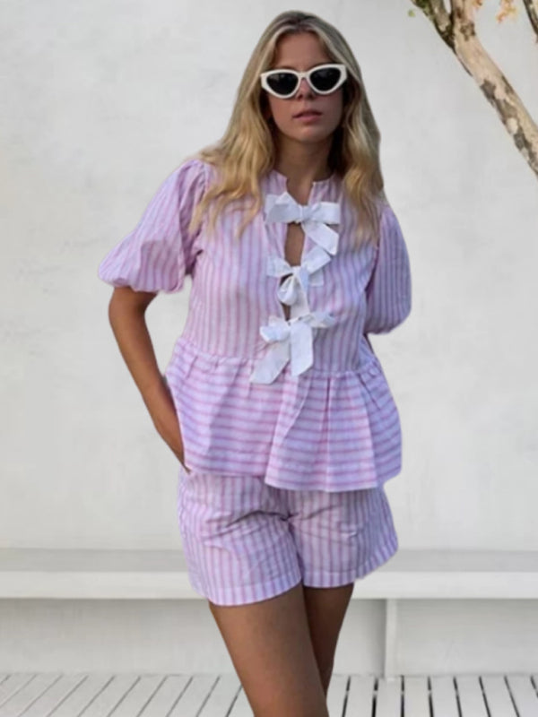 Shorts Set- Relaxed Vacation Striped Tie-Bow Blouse & Comfy Shorts Set for Vacay- - IndioGear Fashion and Gear